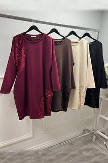 Round Neck, Sequin Detailed, Two Pocket Oversized Top.