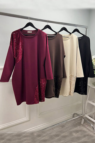 Round Neck, Sequin Detailed, Two Pocket Oversized Top.