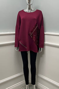 Round neck , long-sleeves Jumper with diagonal sequined panel details