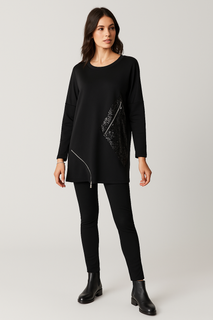 Round neck , long-sleeves Jumper with diagonal sequined panel details