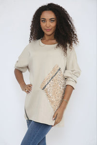 Round neck , long-sleeves Jumper with diagonal sequined panel details