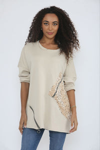 Round neck , long-sleeves Jumper with diagonal sequined panel details