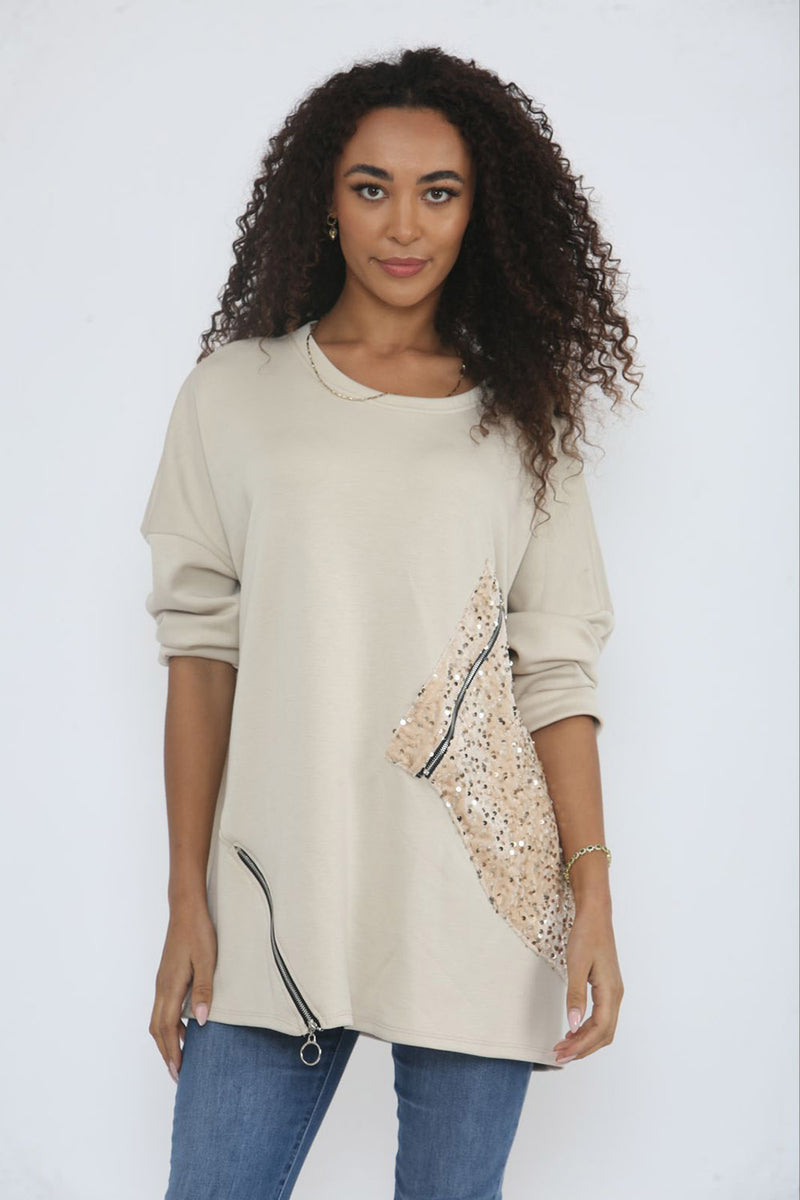 Round neck , long-sleeves Jumper with diagonal sequined panel details