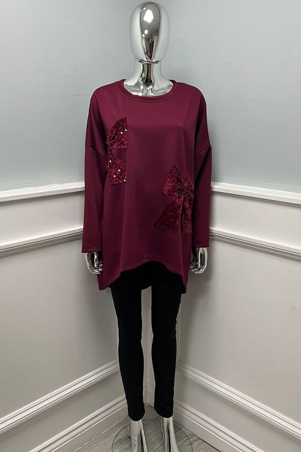 Round Neck, Sequin & Velour Bow Detailed, Oversized Scuba Top