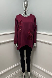 Round Neck, Sequin & Velour Bow Detailed, Oversized Scuba Top