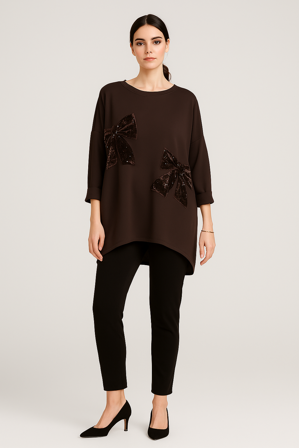 Chocolate bow top — oversized elegance with velvet sequin bows for a luxe statement.