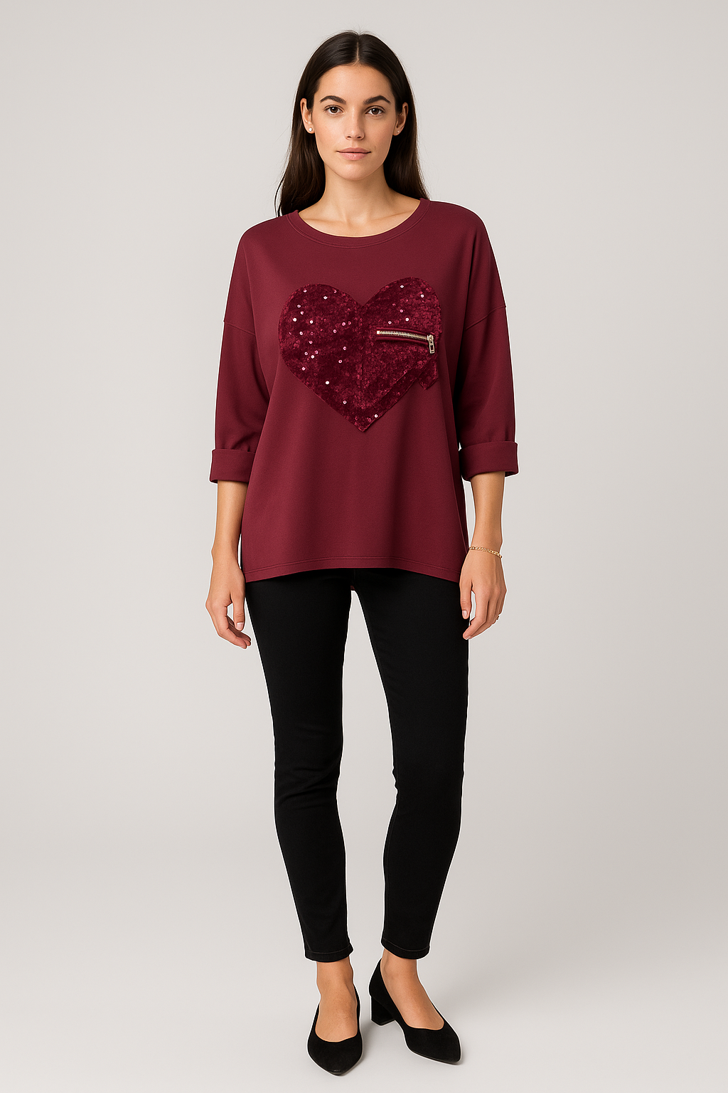Wine sequin heart sweatshirt