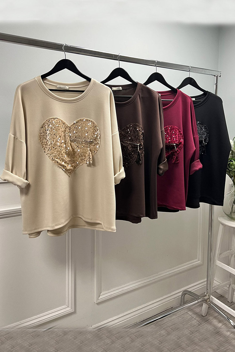 Wine sequin heart sweatshirt