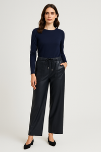 PU leather wide-leg trousers with Elasticated waistband with adjustable drawstring