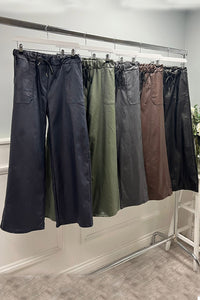 PU leather wide-leg trousers with Elasticated waistband with adjustable drawstring