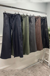 PU leather wide-leg trousers with Elasticated waistband with adjustable drawstring