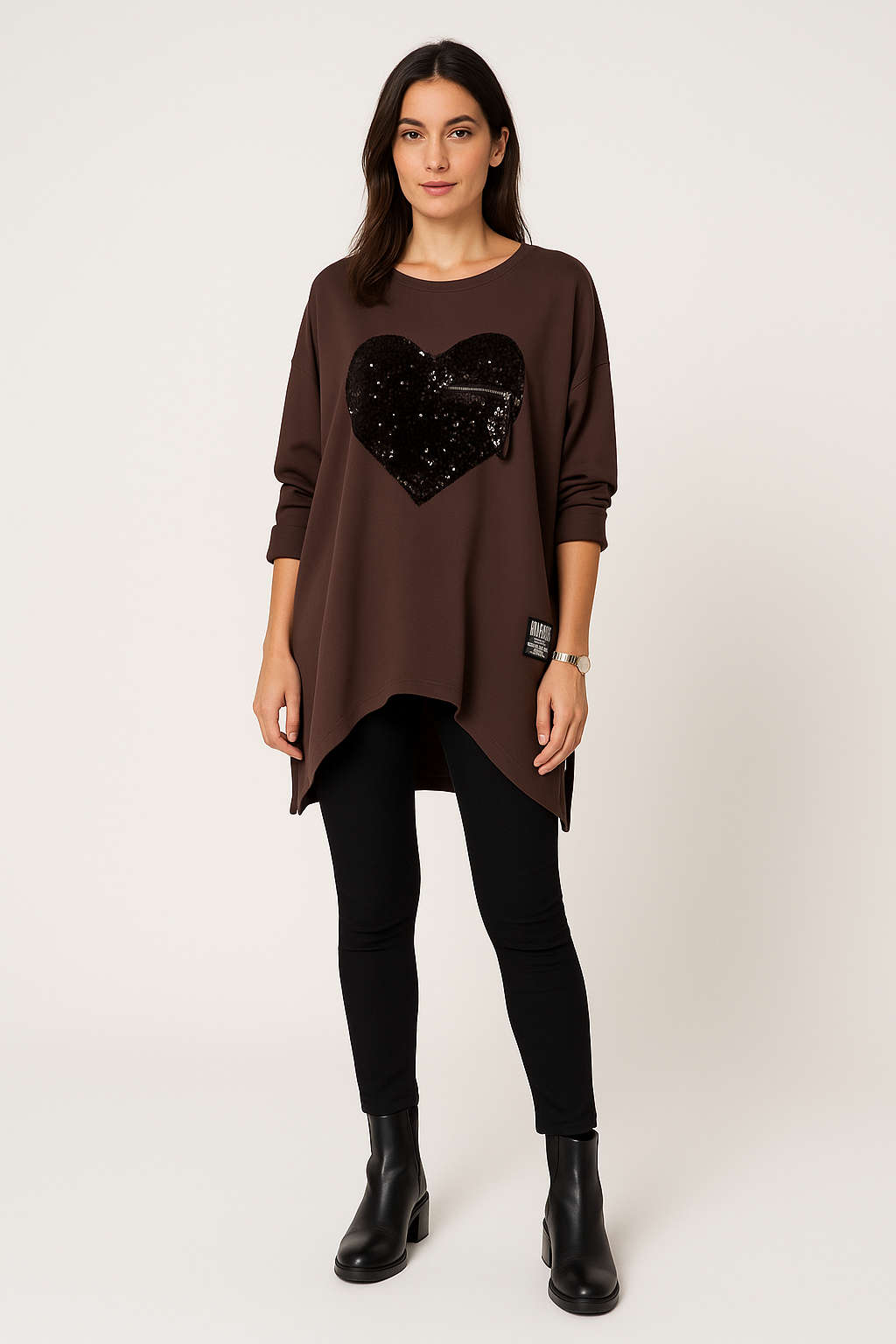 Sequin heart tunic — oversized comfort meets bold sparkle with a zip accent twist.