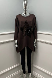Long Sleeves Round Neck asymmetric hem Jumper with sequin star detail