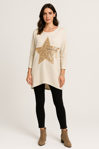Long Sleeves Round Neck asymmetric hem Jumper with sequin star detail