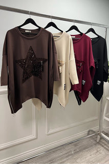 Long Sleeves Round Neck asymmetric hem Jumper with sequin star detail