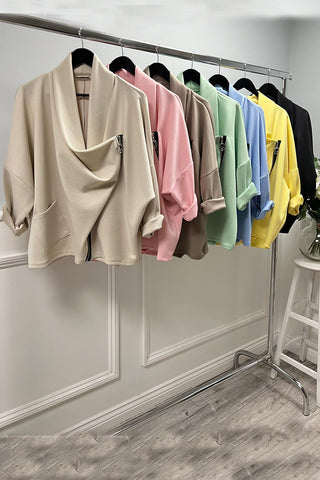 Cowl Neck, Zip Through & Pocket Detailed, Scuba Top