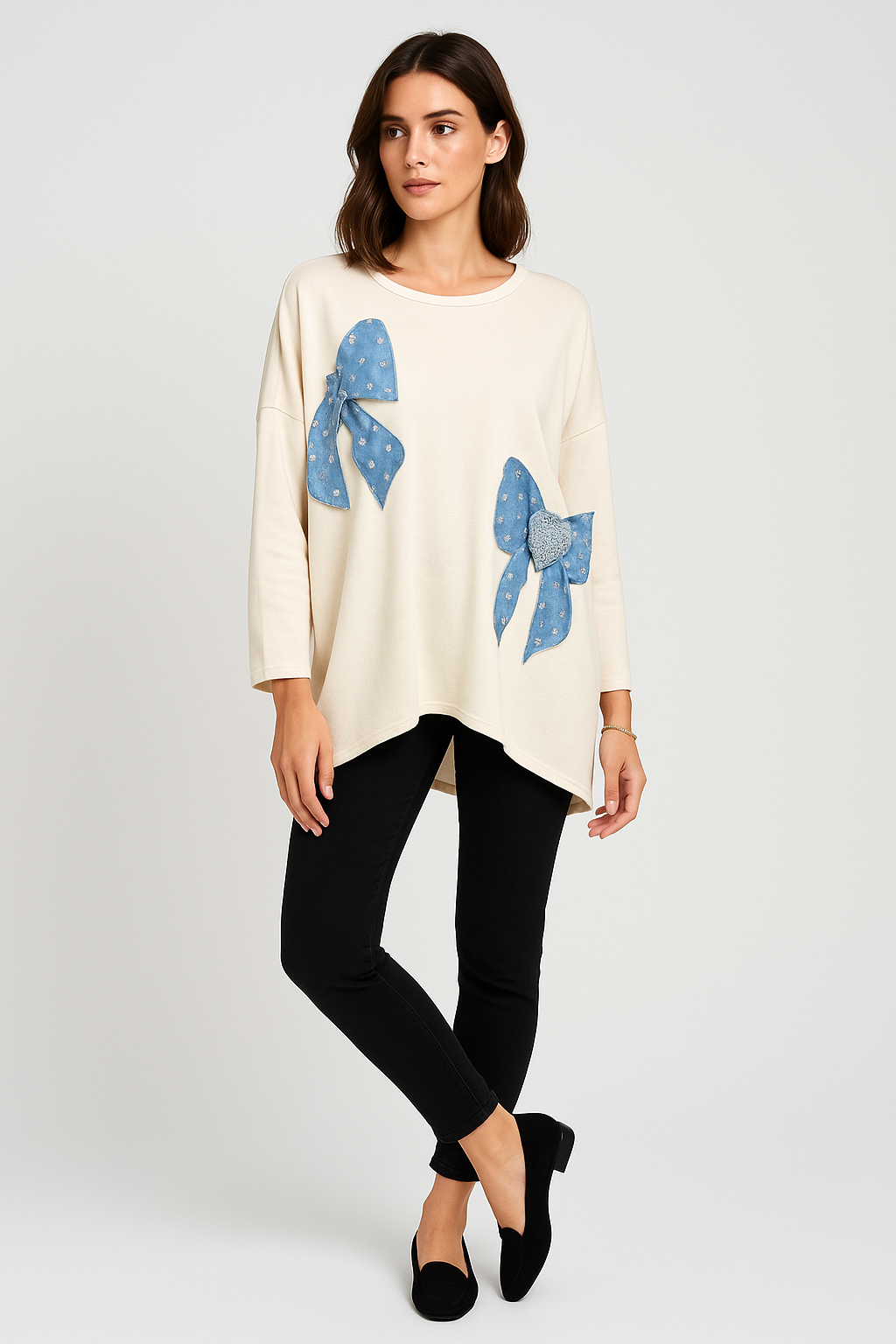 Round Neck, Sequin & Denim Bow Detailed, Oversized High Low Scuba Top.