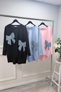 Round Neck, Sequin & Denim Bow Detailed, Oversized High Low Scuba Top.