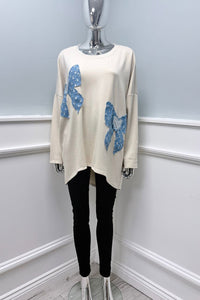 Round Neck, Sequin & Denim Bow Detailed, Oversized High Low Scuba Top.