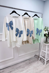 Round Neck, Sequin & Denim Bow Detailed, Oversized High Low Scuba Top.