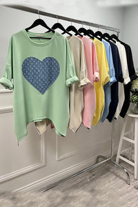 Round Neck, Sequin Denim Love Heart ❤️ & Side Zip Hem Detailed, 100% Viscose, Two Pocket Oversized Top.