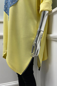 Round Neck, Sequin Denim Love Heart ❤️ & Side Zip Hem Detailed, 100% Viscose, Two Pocket Oversized Top.