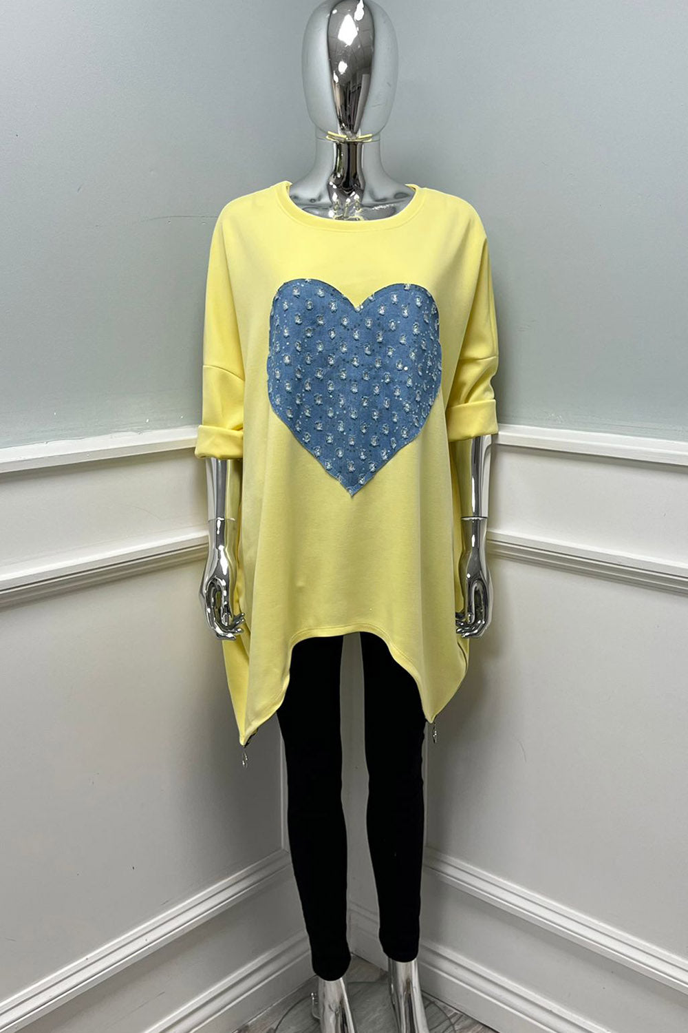 Round Neck, Sequin Denim Love Heart ❤️ & Side Zip Hem Detailed, 100% Viscose, Two Pocket Oversized Top.