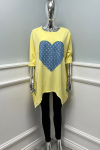 Round Neck, Sequin Denim Love Heart ❤️ & Side Zip Hem Detailed, 100% Viscose, Two Pocket Oversized Top.