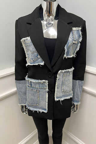 distressed, frayed edge denim pockets blazer