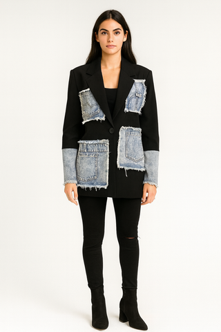 distressed, frayed edge denim pockets blazer