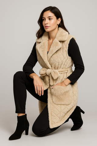 Quilted Faux Fur Belted Vest – Designed with a wide notched collar, self-tie belt.