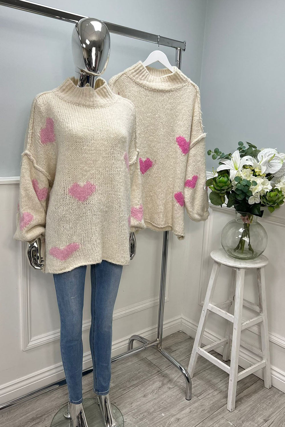 High Neck, Love Heart ❤️ Detailed, Balloon Sleeve, Lana Wool & Viscose Knitted Jumper