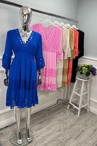 V Neck Lace Crochet, Lace Contrast Tiered Dress