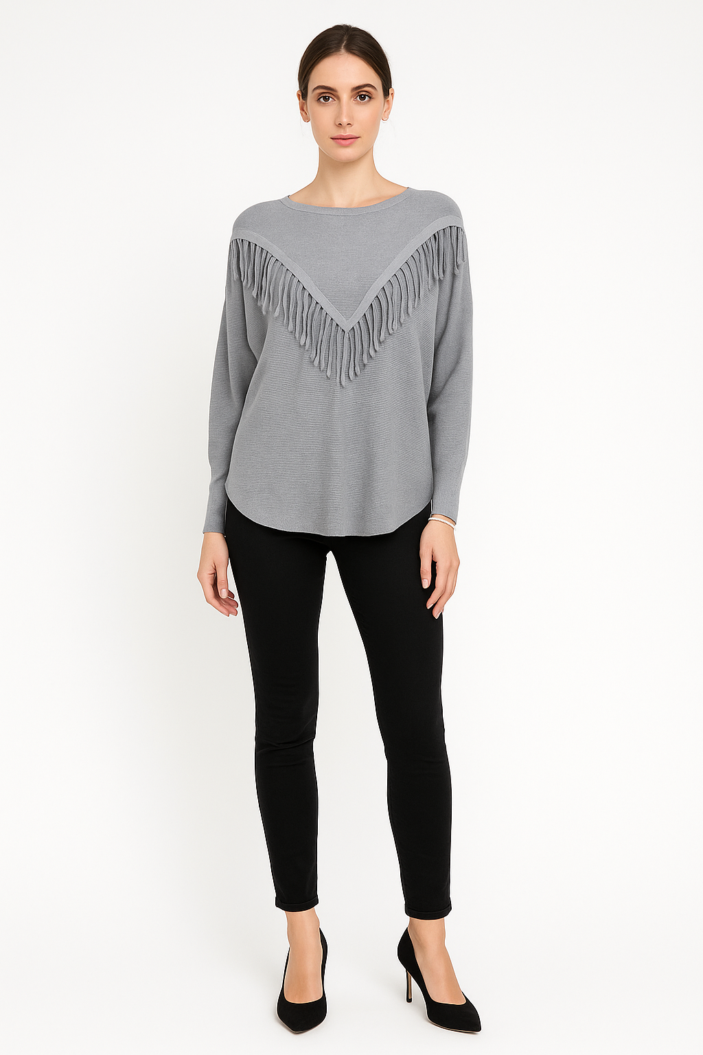 Round Neck, Tessel Detailed, Viscose & Modal Knitted, Ribbed Batwing Jumper