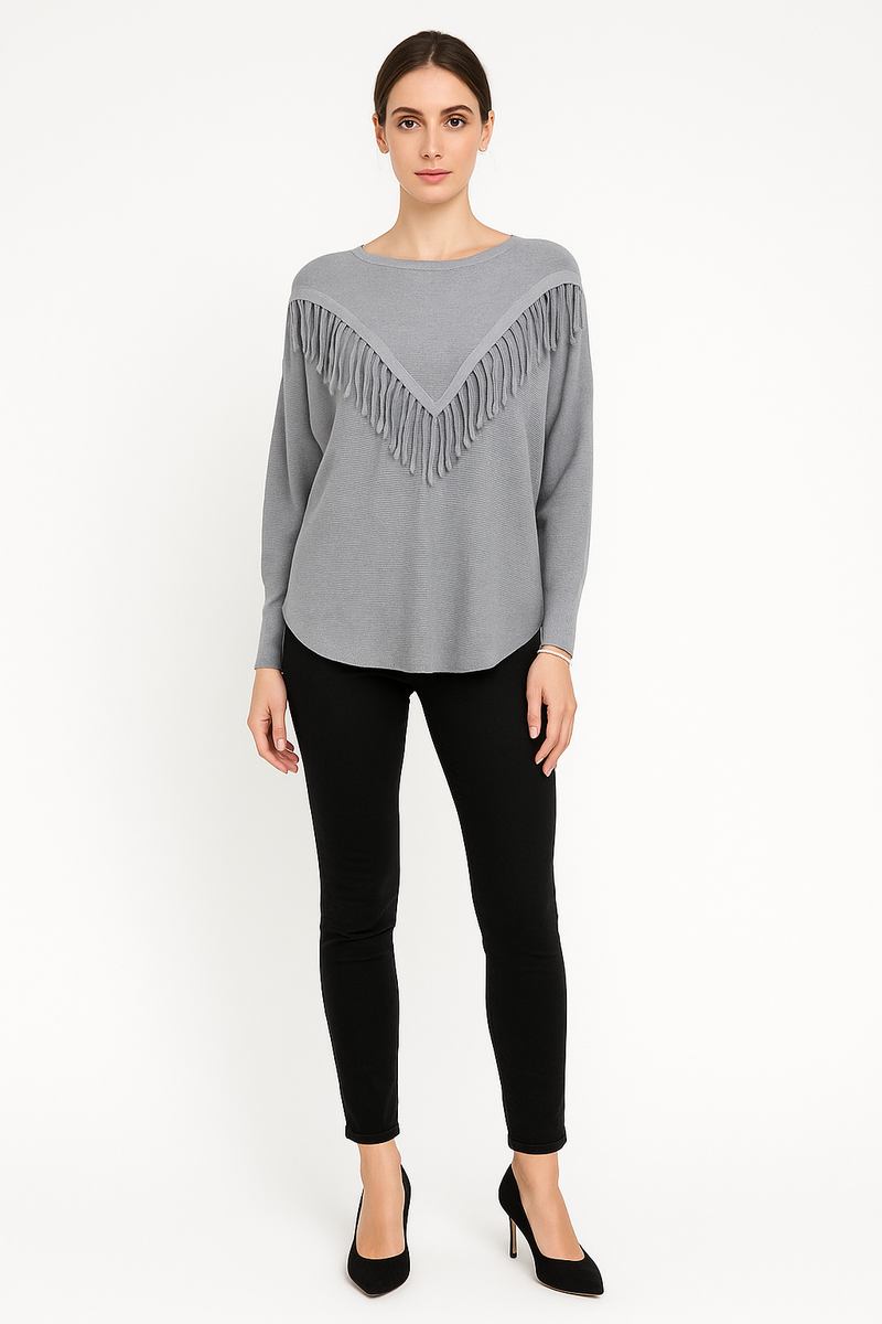 Round Neck, Tessel Detailed, Viscose & Modal Knitted, Ribbed Batwing Jumper