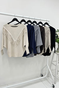 Round Neck, Tessel Detailed, Viscose & Modal Knitted, Ribbed Batwing Jumper