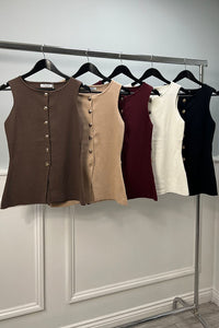 Round Neck, Golden Button Through, Lana Wool & Viscose Knitted Waist Coat.
