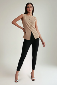 Round Neck, Golden Button Through, Lana Wool & Viscose Knitted Waist Coat.