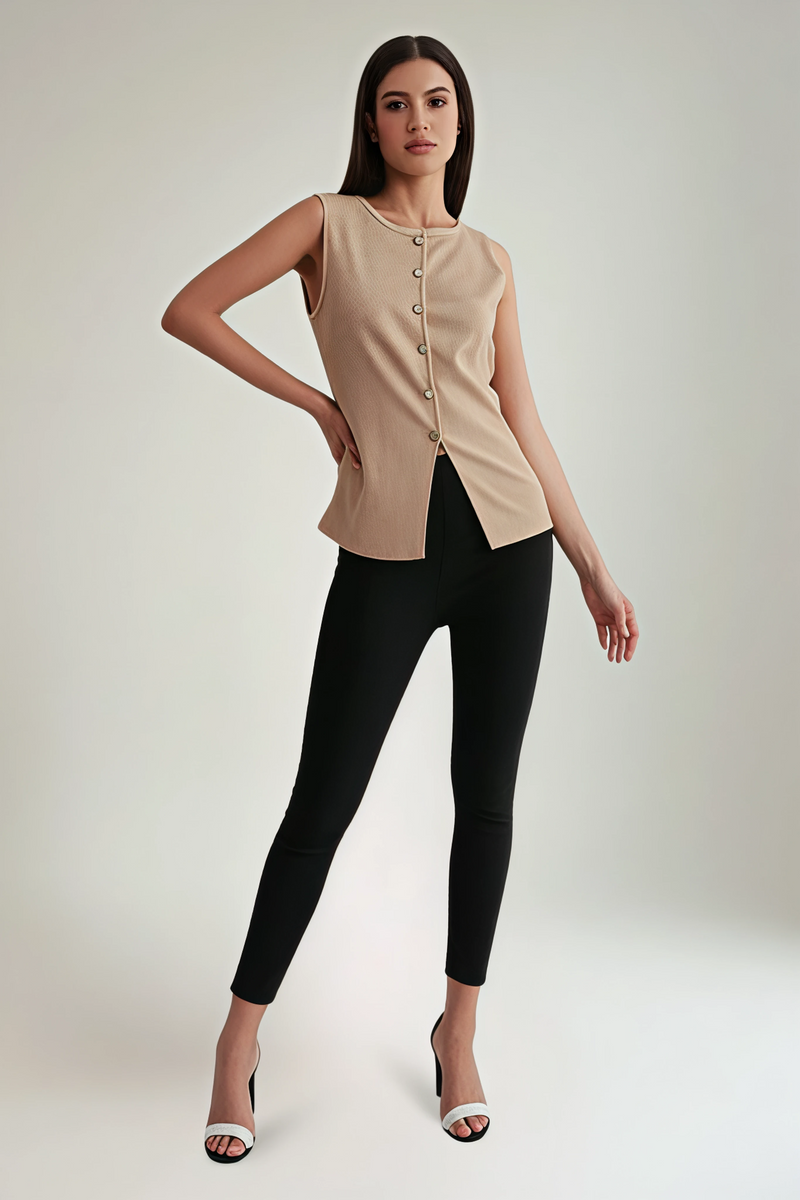Round Neck, Golden Button Through, Lana Wool & Viscose Knitted Waist Coat.