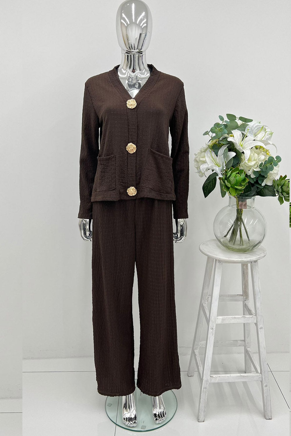V-neck relaxed fit Co Ords set with gold-tone buttons & front patch pockets