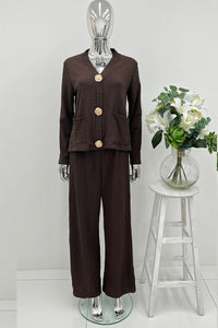 V-neck relaxed fit Co Ords set with gold-tone buttons & front patch pockets