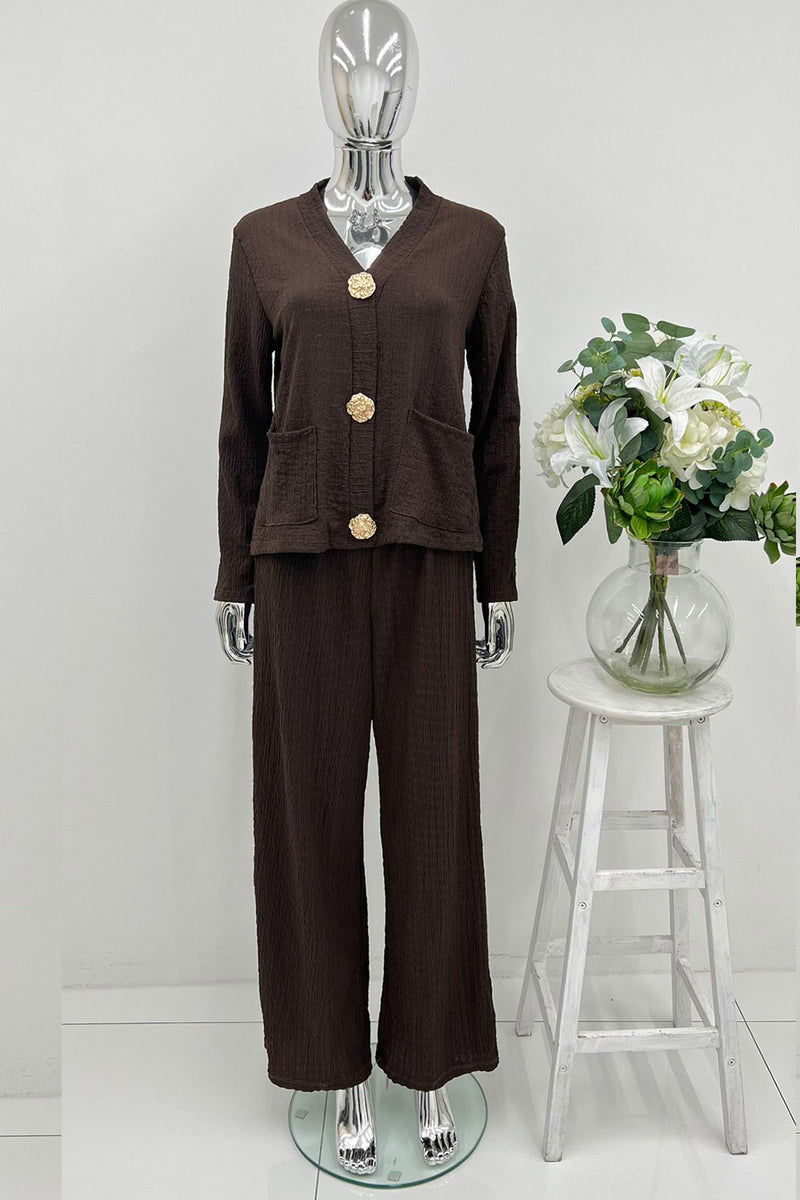 V-neck relaxed fit Co Ords set with gold-tone buttons & front patch pockets