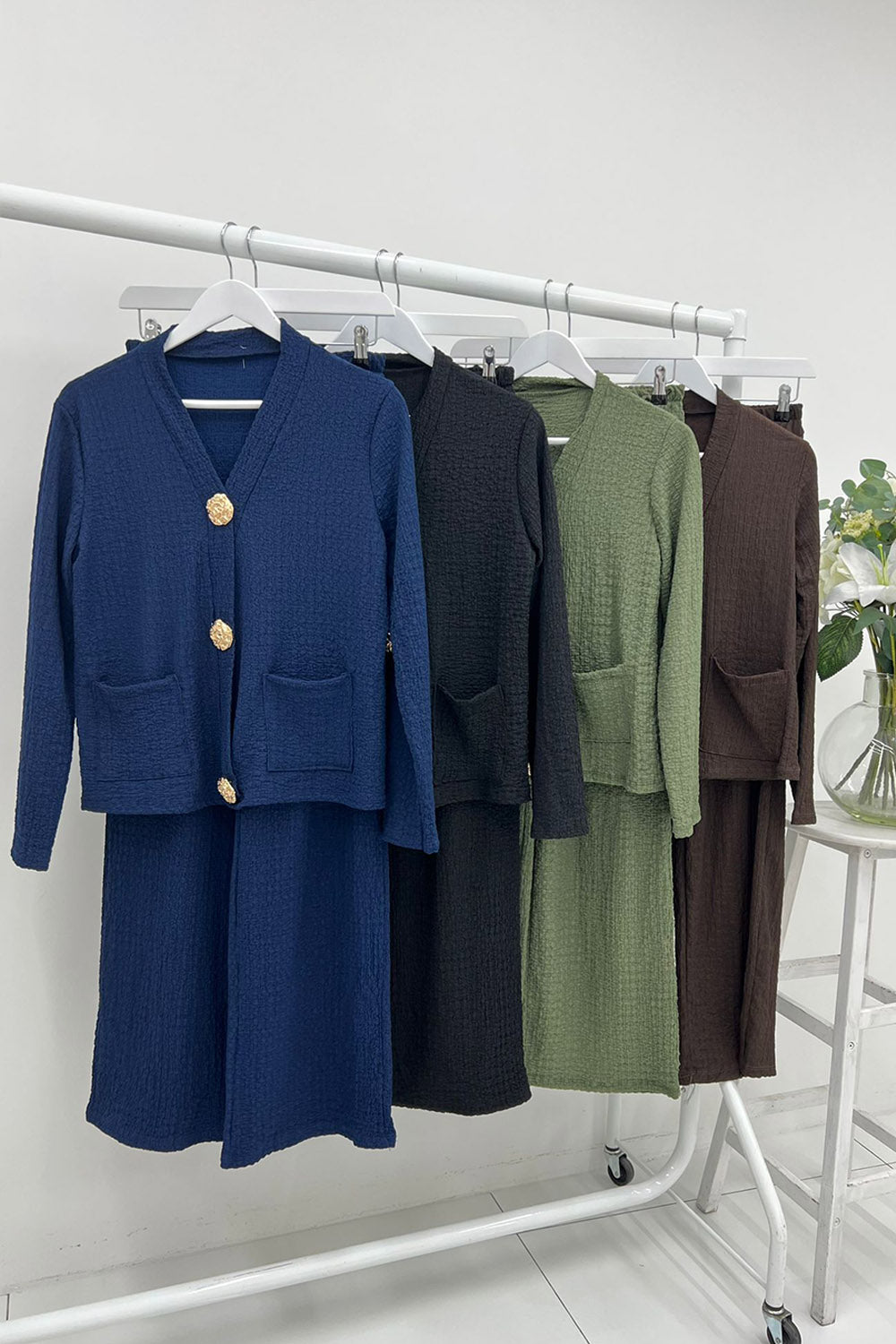 V-neck relaxed fit Co Ords set with gold-tone buttons & front patch pockets