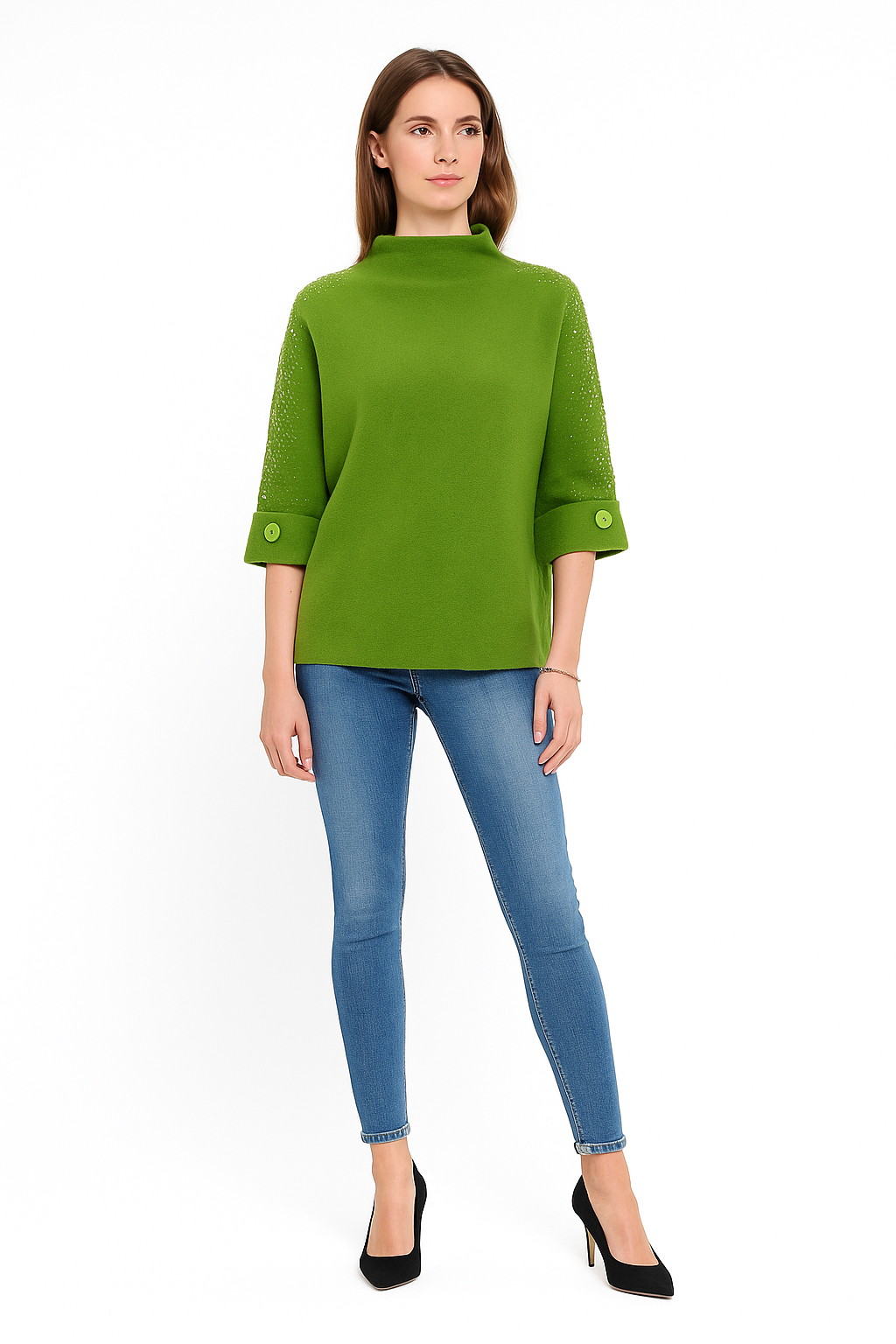High Neck, Pearl &  Diamanté Studded, Button Sleeve Detailed, Viscose & Modal Knitted Jumper