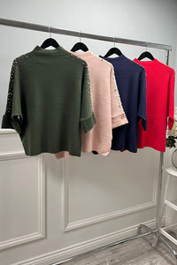 High Neck, Pearl &  Diamanté Studded, Button Sleeve Detailed, Viscose & Modal Knitted Jumper