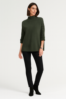 High Neck, Pearl &  Diamanté Studded, Button Sleeve Detailed, Viscose & Modal Knitted Jumper