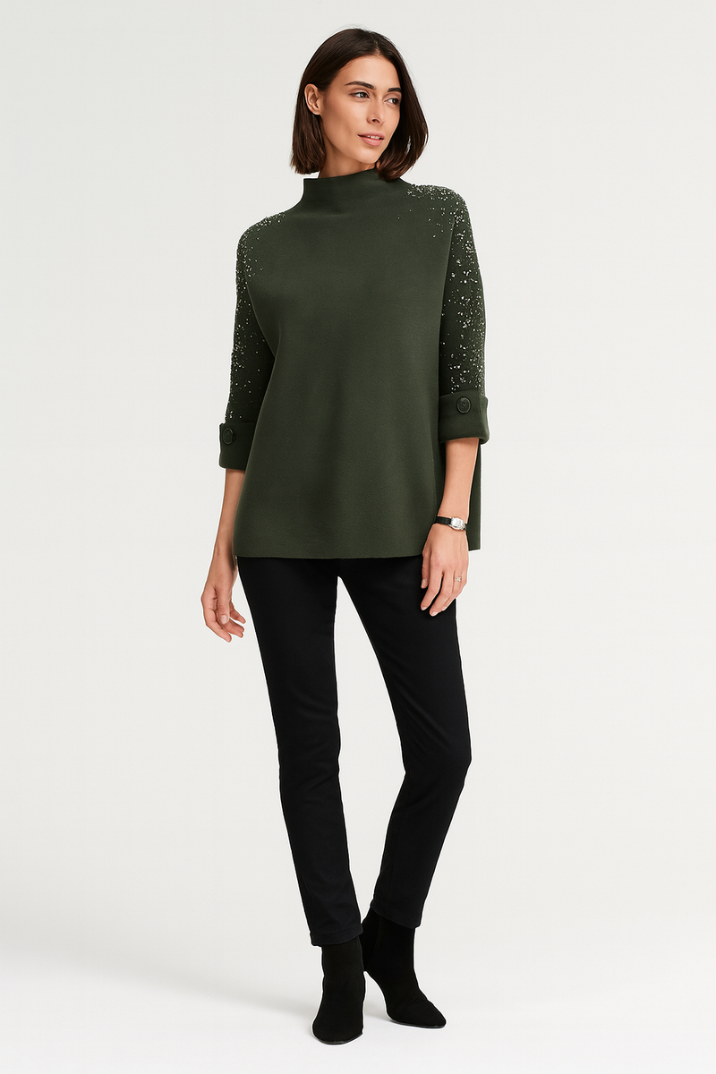 High Neck, Pearl &  Diamanté Studded, Button Sleeve Detailed, Viscose & Modal Knitted Jumper