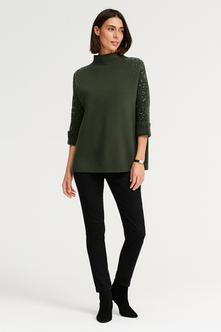 High Neck, Pearl &  Diamanté Studded, Button Sleeve Detailed, Viscose & Modal Knitted Jumper