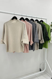 High Neck, Pearl &  Diamanté Studded, Button Sleeve Detailed, Viscose & Modal Knitted Jumper