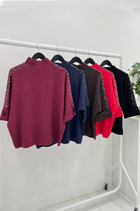 High Neck, Pearl &  Diamanté Studded, Button Sleeve Detailed, Viscose & Modal Knitted Jumper